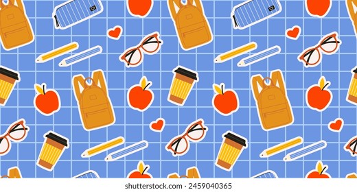 Back to school seamless vector pattern. Checkered blue background with glasses, coffee cup, red apple, backpack, and pencils. School supplies. for textile fabric design, wrapping paper, and website. 