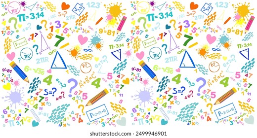 Back to school seamless vector pattern. Good for textile fabric design, wrapping paper and website wallpapers. Concept of education. School seamless pattern with math formulas and figures. Vector