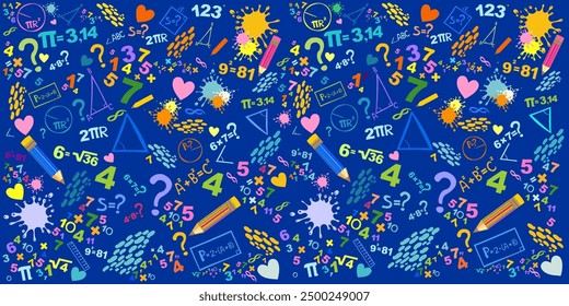 Back to school seamless vector pattern. Good for textile fabric design, wrapping paper and website wallpapers. Concept of education. School seamless pattern with math formulas and figures. Vector