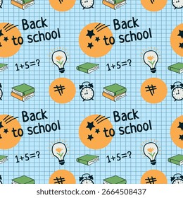 De volta à escola padrão de vetor sem emenda com lâmpadas, livros, relógios e texto no fundo da grade de luz