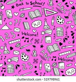 Back to school seamless vector pattern. Good for textile fabric design, wrapping paper and website wallpapers. Vector illustration. Extremely bright acid colors. Pink.