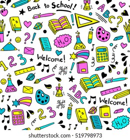 Back to school seamless vector pattern. Good for textile fabric design, wrapping paper and website wallpapers. Vector illustration. Extremely bright acid colors. Pink, yellow, cyan.