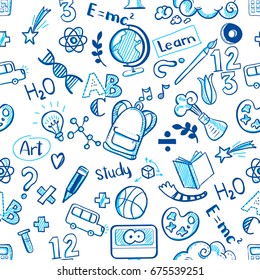 Back to school seamless vector pattern with Doodle drawings. Good for textile fabric design, wrapping paper and educational website wallpapers and tile banners. Vector illustration