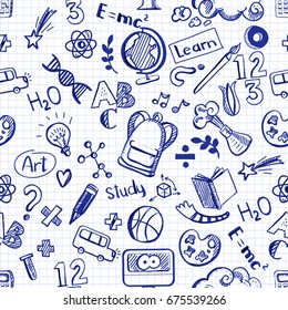 Back to school seamless vector pattern on Checkerboard background. Good for textile fabric design, wrapping paper and educational website wallpapers. Vector illustration. Doodle drawings
