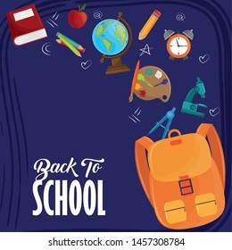 Back to school season card with colorful utensils cartoons on blue background vector illustration graphic design