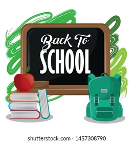 Back to school season card with colorful blackboard and utensils cartoons vector illustration graphic design