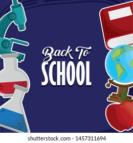 Back to school season card with colorful utensils cartoons on blue background. vector illustration.