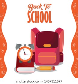 Back to school season card with colorful utensils cartoons vector illustration.