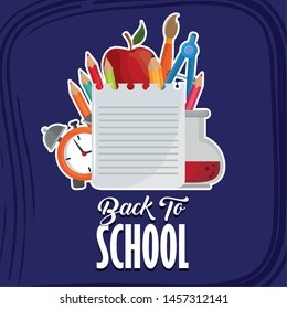 Back to school season card with colorful utensils cartoons on blue background. vector illustration.