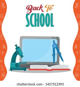 Back to school season card with colorful utensils cartoons vector illustration.