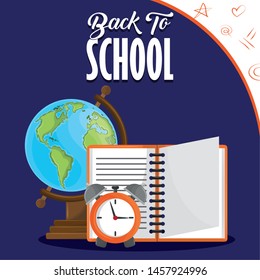 Back to school season card with colorful utensils cartoons on blue background vector illustration graphic design