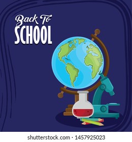 Back to school season card with colorful utensils cartoons on blue background vector illustration graphic design