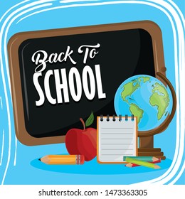 Back to school season card with colorful utensils cartoons vector illustration graphic design