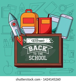 Back to school season card and poster, school utensils and supplies cartoons. vector illustration graphic design