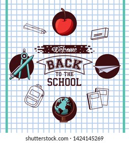 Back to school season card and poster, school utensils and supplies cartoons. vector illustration graphic design