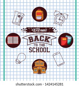 Back to school season card and poster, school utensils and supplies cartoons. vector illustration graphic design
