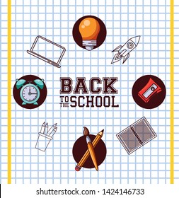Back to school season card and poster, school utensils and supplies cartoons. vector illustration graphic design