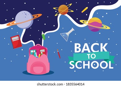 back to school season poster with schoolbag and space icons vector illustration design