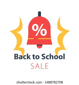 Back to school season sale, ringing bell with percentage sign, advertising banner, vector flat illustration