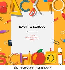 Back to school season sale template with schools supplies, vector illustration. 