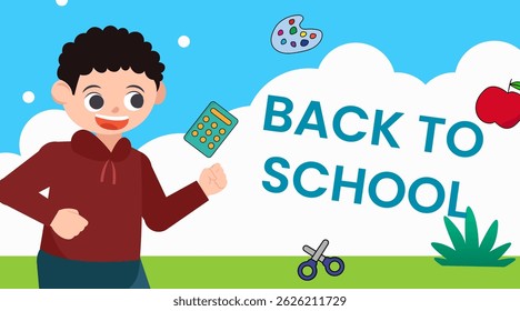 voltar para a escola temporada vetor plano bonito personagem ilustração com acessórios escolas. início da temporada escolar. escola conceito de início.