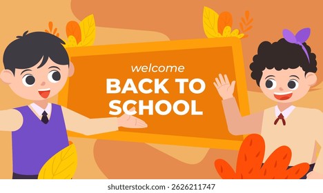 Regreso a la escuela Temporada Vector Ilustración de personaje lindo plano con accesorios de escuelas. Inicio de la temporada escolar. Concepto de inicio de escuela.