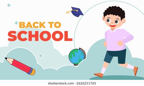 Regreso a la escuela Temporada Vector Ilustración de personaje lindo plano con accesorios de escuelas. Inicio de la temporada escolar. Concepto de inicio de escuela.