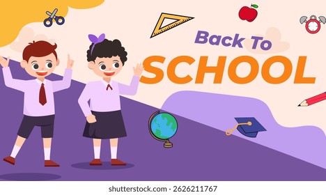 back to school season vector flat cute character illustration with schools accessories. school season start. school beginning concept.