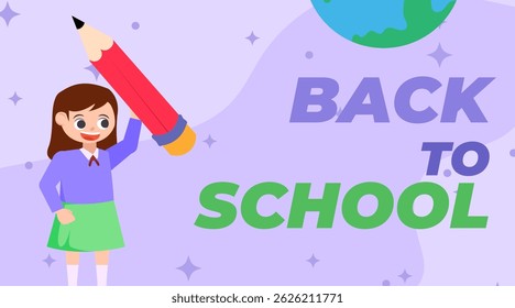 Regreso a la escuela Temporada Vector Ilustración de personaje lindo plano con accesorios de escuelas. Inicio de la temporada escolar. Concepto de inicio de escuela.
