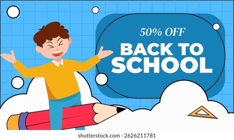 Regreso a la escuela Temporada Vector Ilustración de personaje lindo plano con accesorios de escuelas. Inicio de la temporada escolar. Concepto de inicio de escuela.