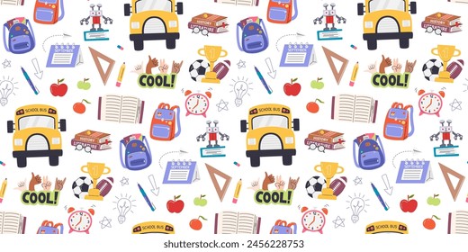 Back to school seasonal horizontal repeating wallpaper. Cute school elements seamless pattern isolated on white background. Wrapping paper print design. Education hand drawn flat vector illustration