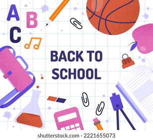 Back to school. September 1 and International Day of Knowledge. Greeting postcard design, learning and education. Collection of school supplies. Poster or banner. Cartoon flat vector illustration