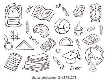 Back school September collection in sketch style. Set of supplies for office, education, teachers and children. Vector illustration isolated on a white background.