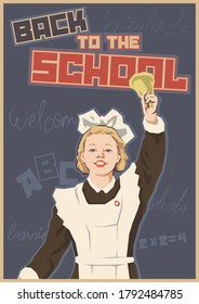 De vuelta a la escuela en septiembre, estilo de ilustración, colegiala con la Campana
