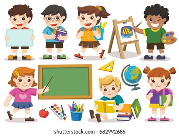 Back to school. Set of adorable student study in school. Isolated vector