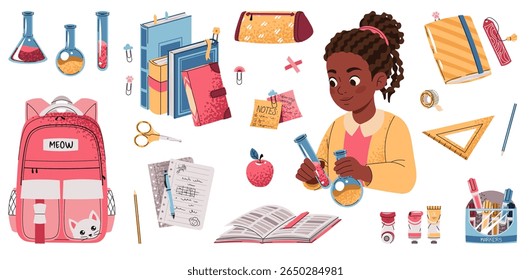 Back to School Set with African American Girl Test Tubes, Textbooks, Mochila, Papelaria. Ilustração para Campanhas Científicas, Decoração Escolar e Design de Produtos Infantis. Ideal para pôsteres de sala de aula