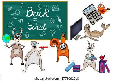 De vuelta a la escuela. Animales y pizarra con elementos escolares aislados sobre fondo blanco. Tema educativo. Personajes de dibujos animados. Oso, ciervo, pájaro, foca, ardilla y conejo. Vector de acciones