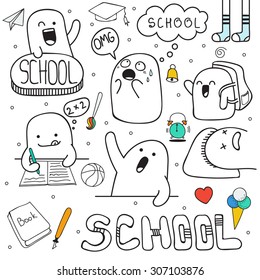 Back To School. Set Anime Doodle Characters, Facilities. Portfolio, Lessons. Schoolboy, Raised Hand. 