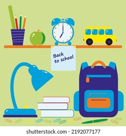 De vuelta a la escuela. Mochila escolar, despertador, lámpara de mesa, libros, autobús escolar, lápices, lapiceros, clips de papel.