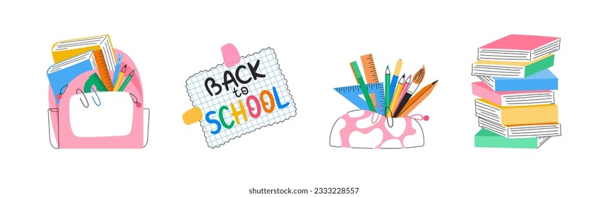 Back to school set. Backpack with books, pencil box with writing supplies, rulers, stack of textbooks. Education concept. Vector illustration isolated on white background