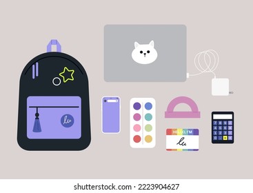 Back to school set, a backpack with pins, a laptop with charger, a mobile phone, and other stationery