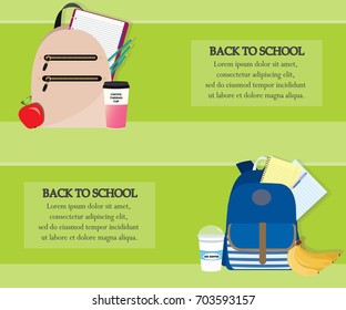 Back to school set with bags, notebooks, fruits and coffee cups. Flay style illustration.