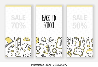 Back to school set of banner doodle elements. Posters for sale and promotions. Vector illustration in line 