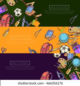 Back to school set of banners. Cartoon vector template with school objects and blackboard.