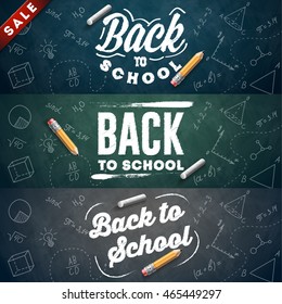 Back to school set of banners. Chalkboard background. Vector illustration.