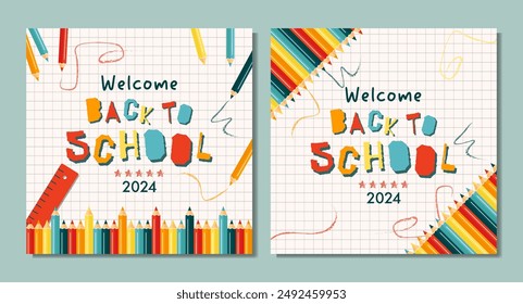 Back to school set of banners design. Modern illustrations of colorful pencils frame and text. Student, pupil. Trendy vector illustrations for card, web banner design.