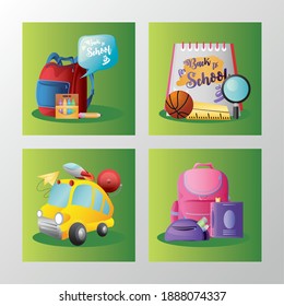 de vuelta a la escuela con banners educación caricatura mochila libro de bus ilustración vector