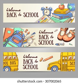 Back to school set of banners. Hand drawn vector template with school object. Doodle back to school background.