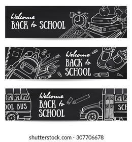 Back to school set of banners. Hand drawn vector template with school object on chalkboard . Doodle back to school black and white background.