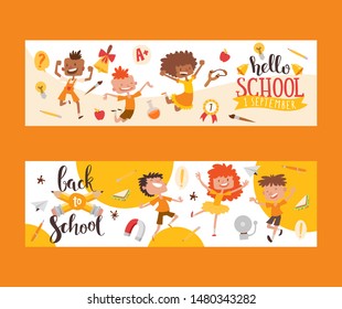 Back to school set of banners. Kids, children with education equipment vector illustration. School supplies, colorful office accessories. Pen, pencil, paints, stationary, bell and lamp.